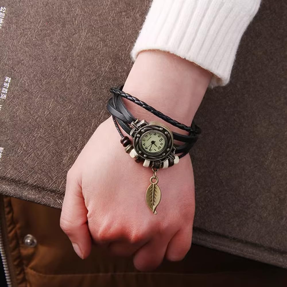 yunanwa Pack of 6 Women's Watches Vintage Wrap Around Bead Leaf Bracelet Quartz Wholesale Set