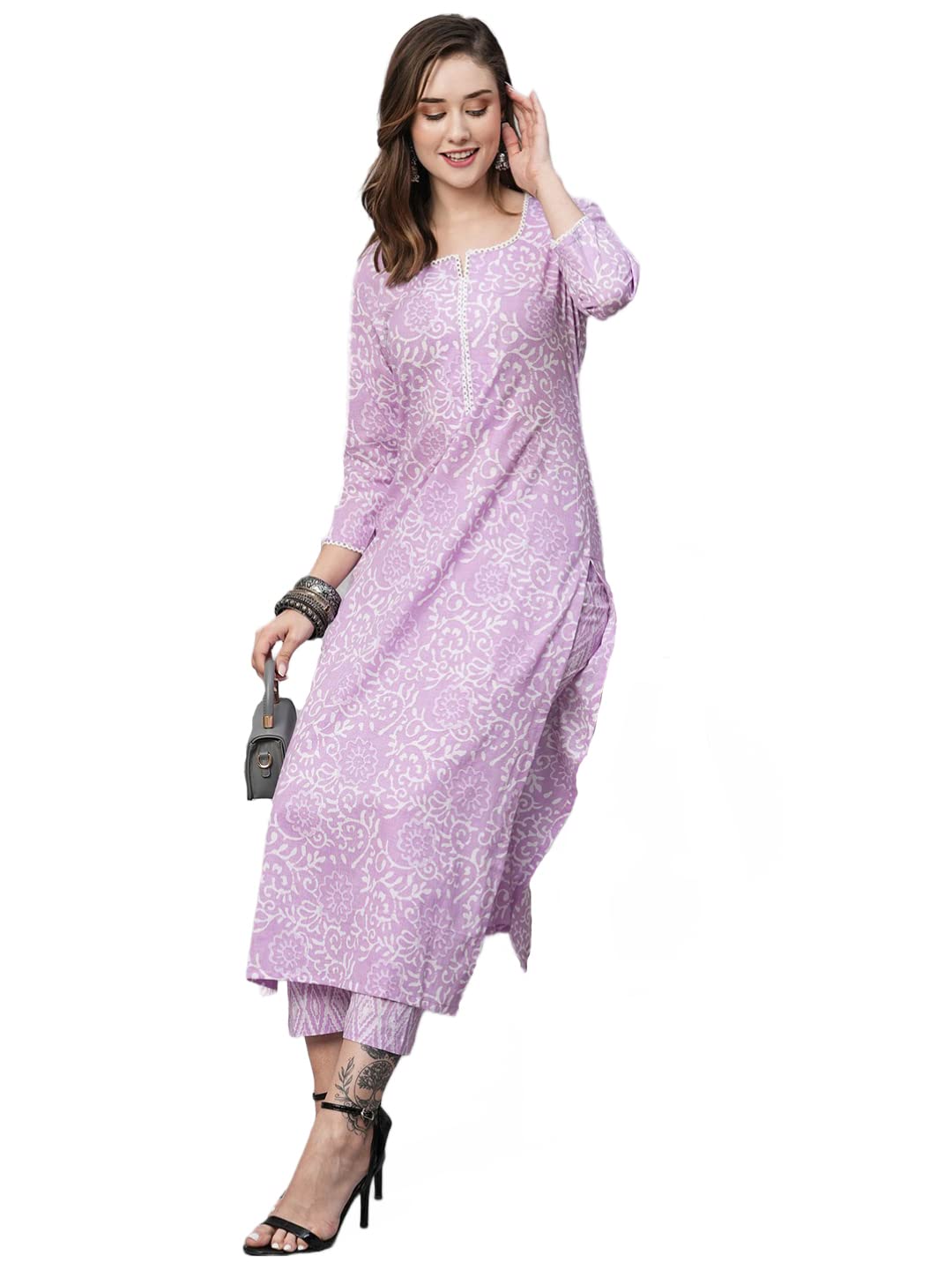 ANNI DESIGNER Womens Cotton Blend Straight Printed Kurta with Pant (Gulika Purple-NW_M_Purple_Medium)