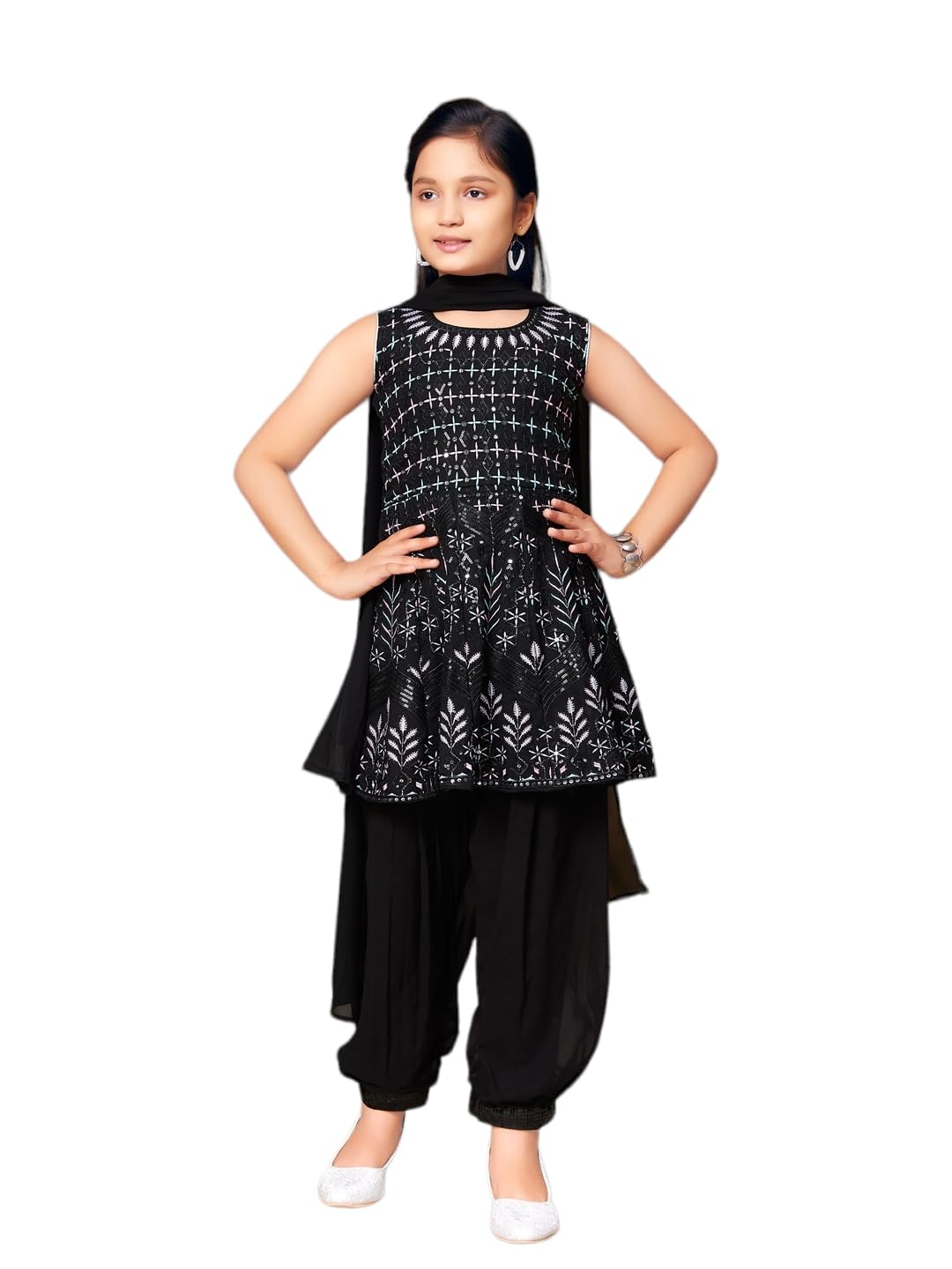 Aarika Girls Ethnic Wear Black Colour Sequin Thread Floral Embroidery Georgette Kurti Patiala Set (5-11 Years)