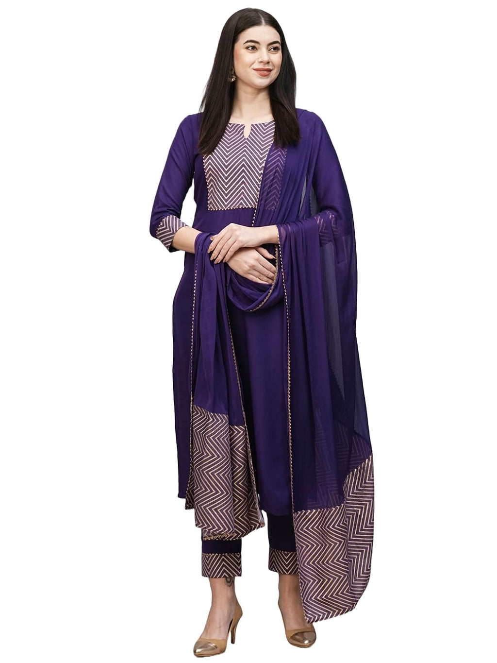 ANNI DESIGNER Womens Cotton Blend Straight Printed Kurta with Pant & Dupatta (KIKU BEGANI_L_Purple_Large)