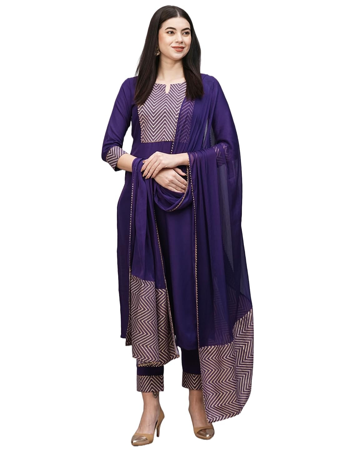 ANNI DESIGNER Womens Cotton Blend Straight Printed Kurta with Pant & Dupatta (KIKU BEGANI_L_Purple_Large)