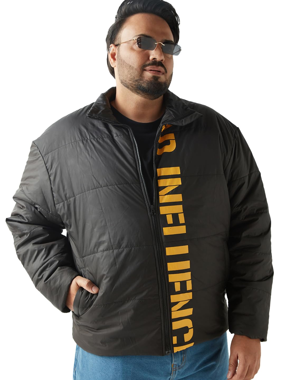 Bewakoof Men Typography Oversized Fit Full Sleeve High Neck Nylon Plus Size Windcheater Jacket_642560_Black_3XL