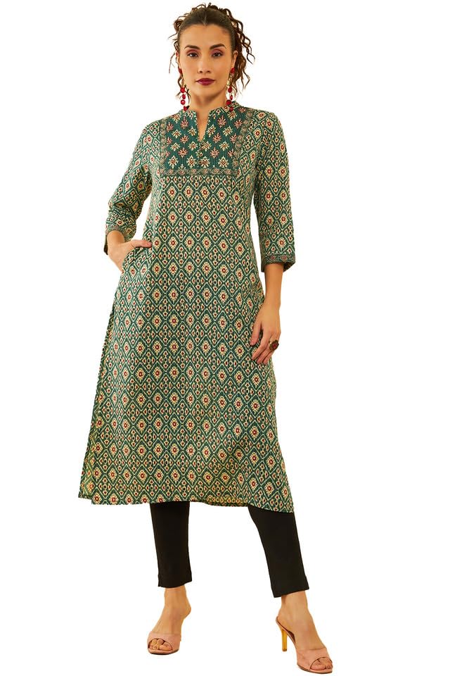 Soch Women Cotton Ikat Printed Straight Kurta with Mirror Work