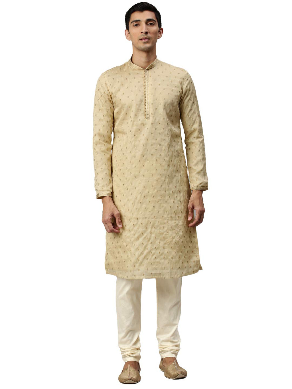 Manyavar Elegant Selfdesign Full Sleeves Kurta And Churidar Set For Men - (Beige, X-Large)