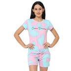 Sweet Dreams Women Tie & Dye Round Neck Half Sleeve Poly Brush Top & Bermuda Set-Blue