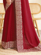 Satrani Womens Vichitra Silk Hot Fixing Embroidery Border Saree with Unstitched Blouse Piece