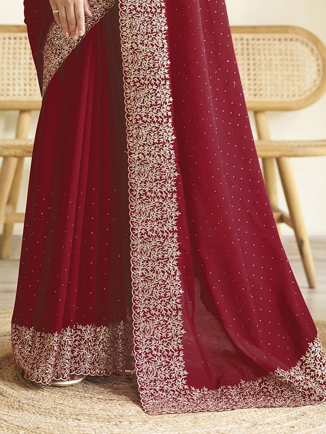 Satrani Womens Vichitra Silk Hot Fixing Embroidery Border Saree with Unstitched Blouse Piece