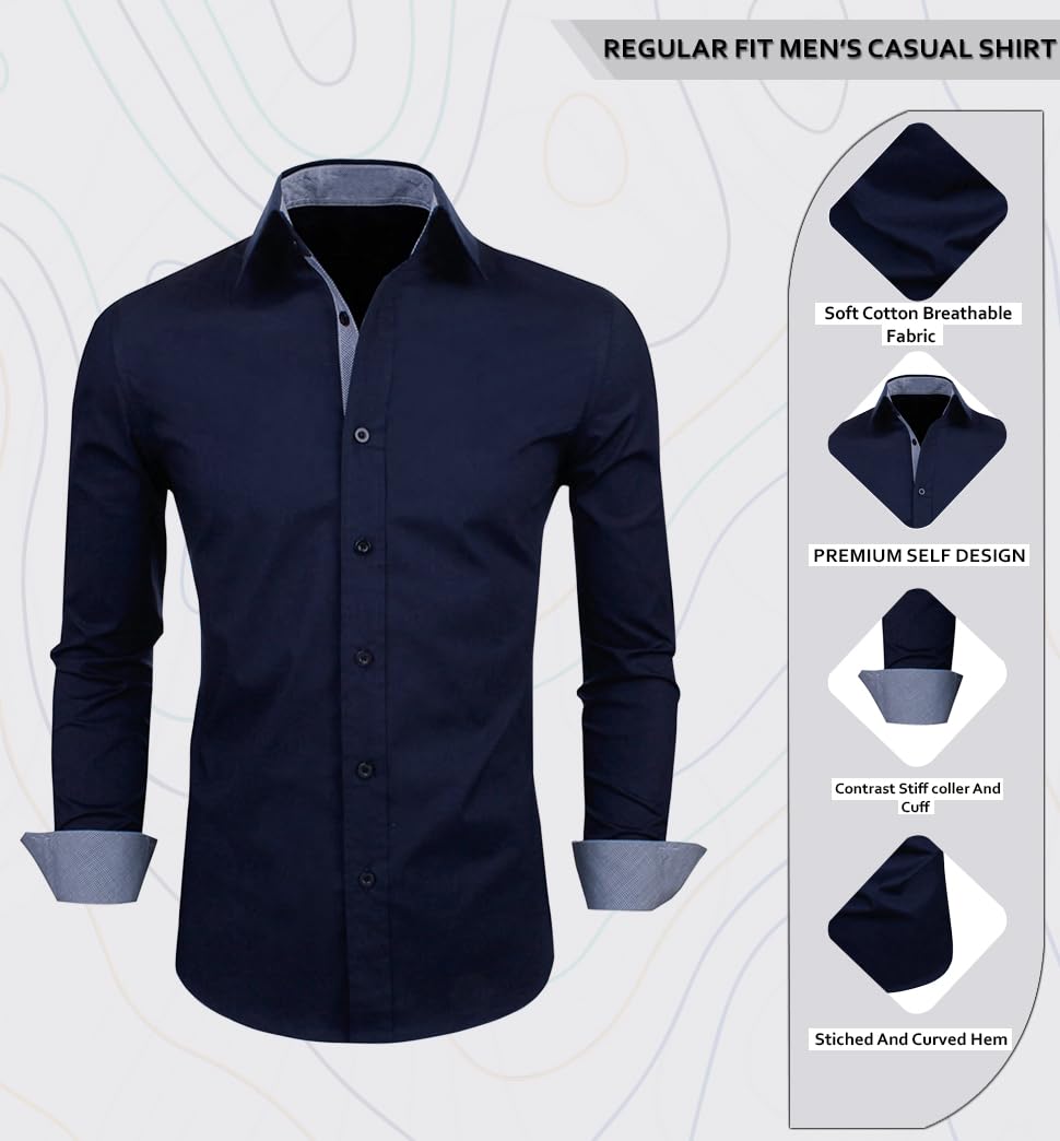 Zombom MenS Solid Cotton Blend Regular Fit Spread Collar & Full Sleeves Casual Lightweight Comfortable Shirt Navy Blue