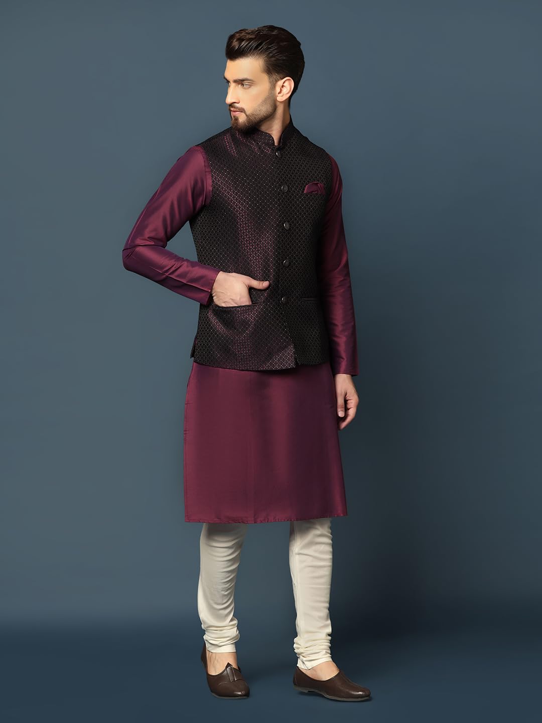 Kisah MenS Maroon Kurta Jacket Churidar Set Cotton Blend, Woven Design, Full Sleeves, Straight, Regular Fit, Mandarin Collar, E