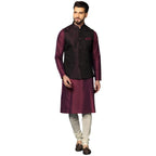 Kisah MenS Maroon Kurta Jacket Churidar Set Cotton Blend, Woven Design, Full Sleeves, Straight, Regular Fit, Mandarin Collar, E