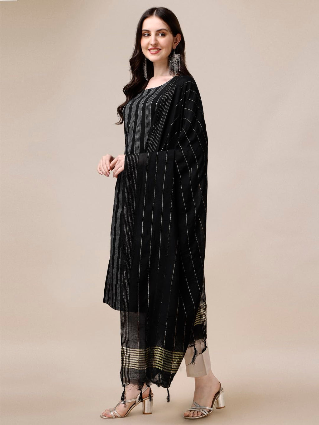 Fashion Basket Women Cotton Striped Printed Kurta Set With Pant & Dupatta (Small, Black-1)