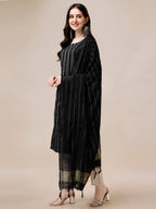 Fashion Basket Women Cotton Striped Printed Kurta Set With Pant & Dupatta (Small, Black-1)