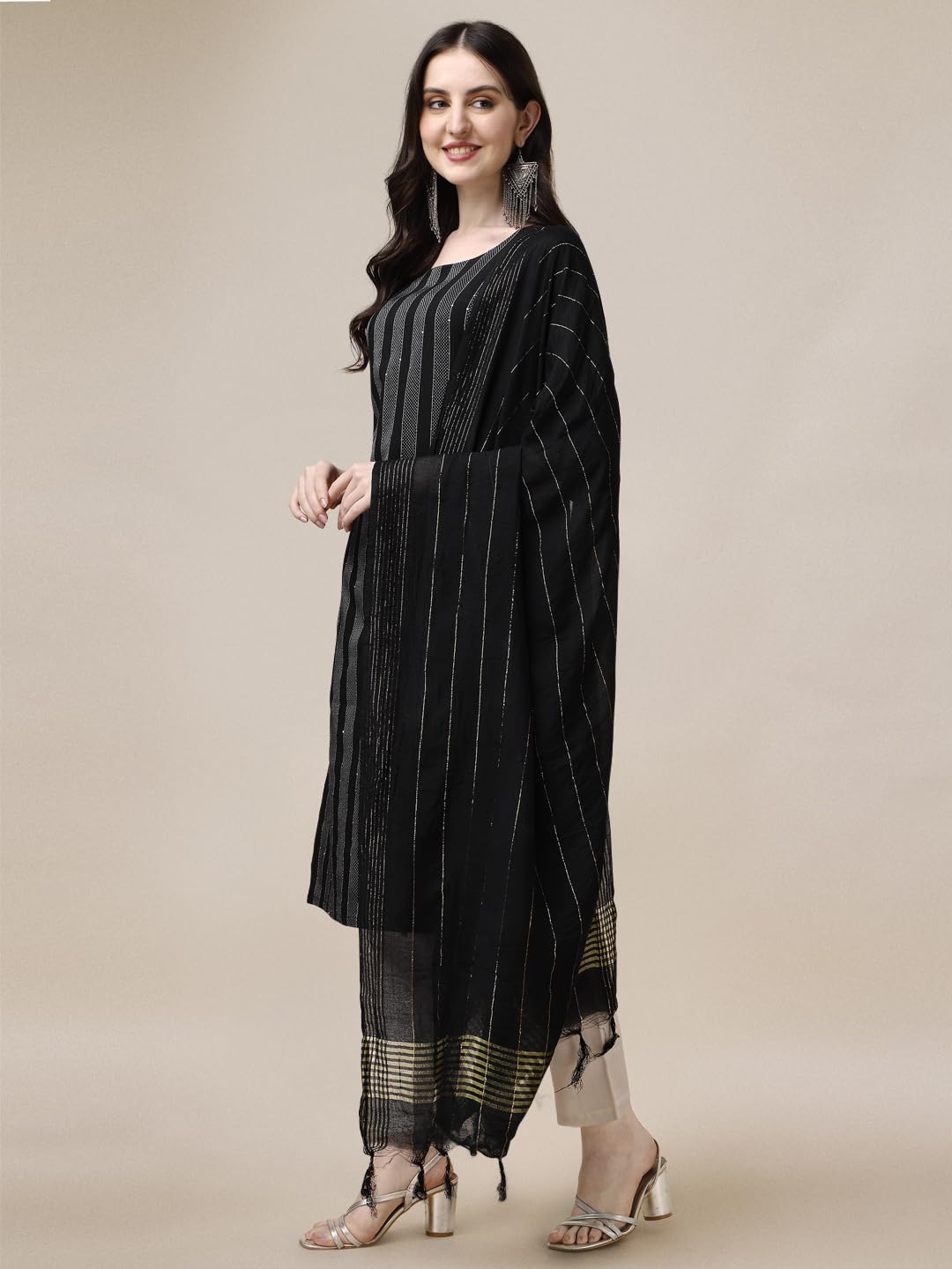 Fashion Basket Women Cotton Striped Printed Kurta Set With Pant & Dupatta (Small, Black-1)