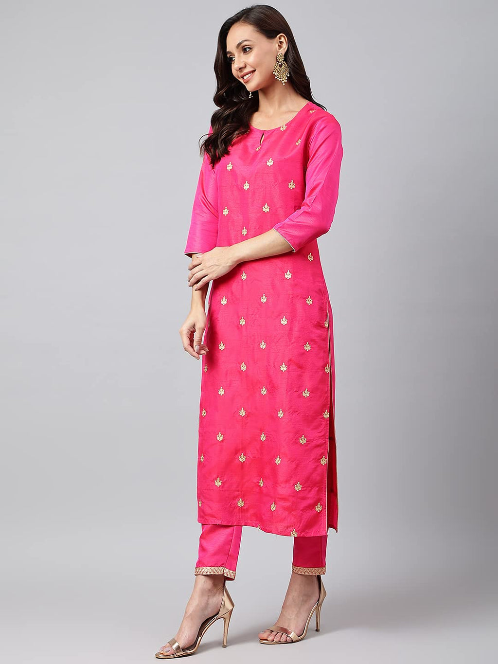 ANNI DESIGNER Womens Cotton Blend Straight Embroidered Kurta with Pant & Dupatta (Dipika Rani_S_Pink_Small)