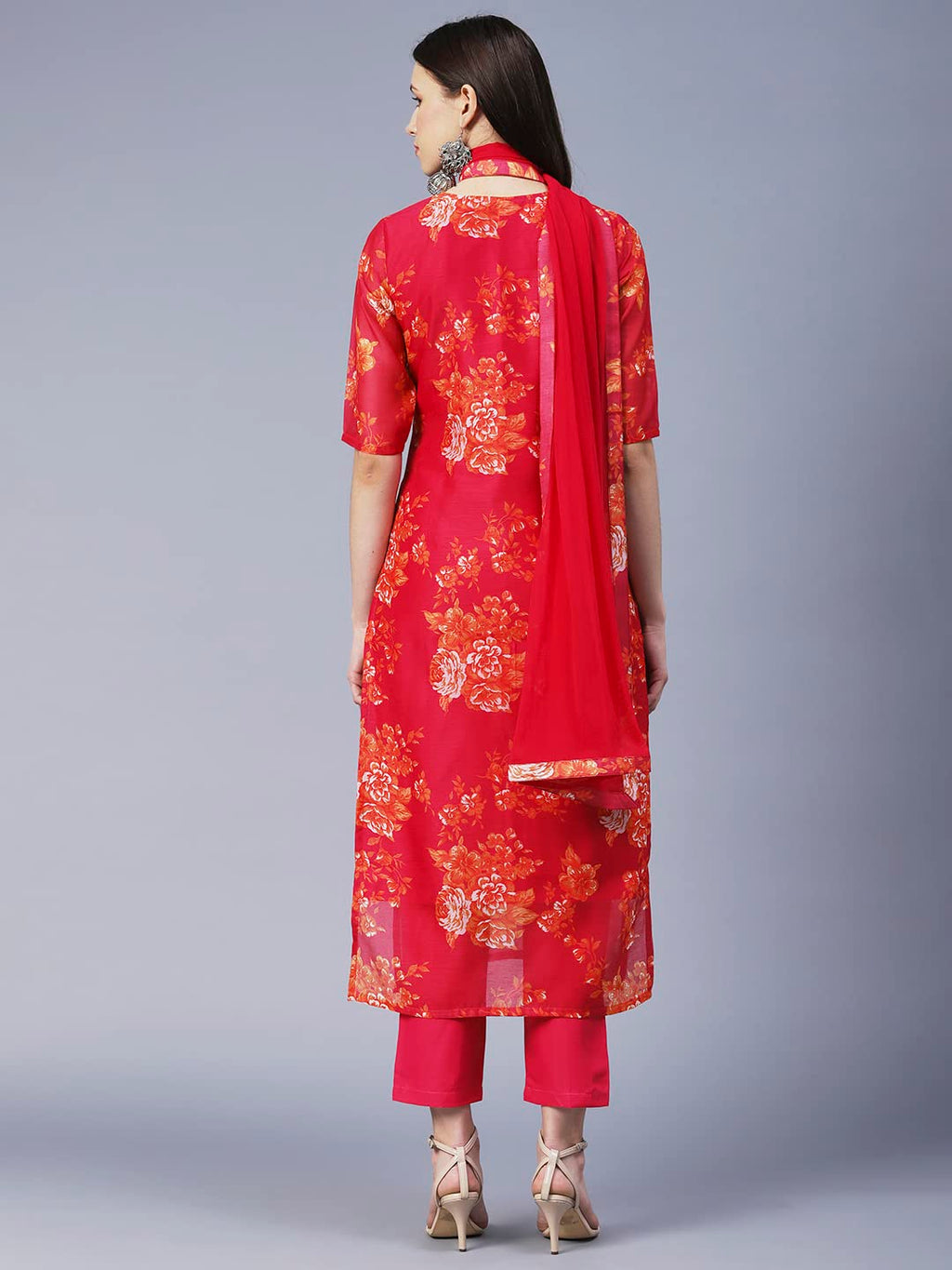 ANNI DESIGNER Womens Chanderi Cotton Printed Straight Kurta with Pant & Dupatta (AUX-Orange_XXL_Pink_XX-Large)