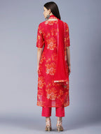 GoSriKi Womens Chanderi Cotton Printed Straight Kurta with Pant & Dupatta