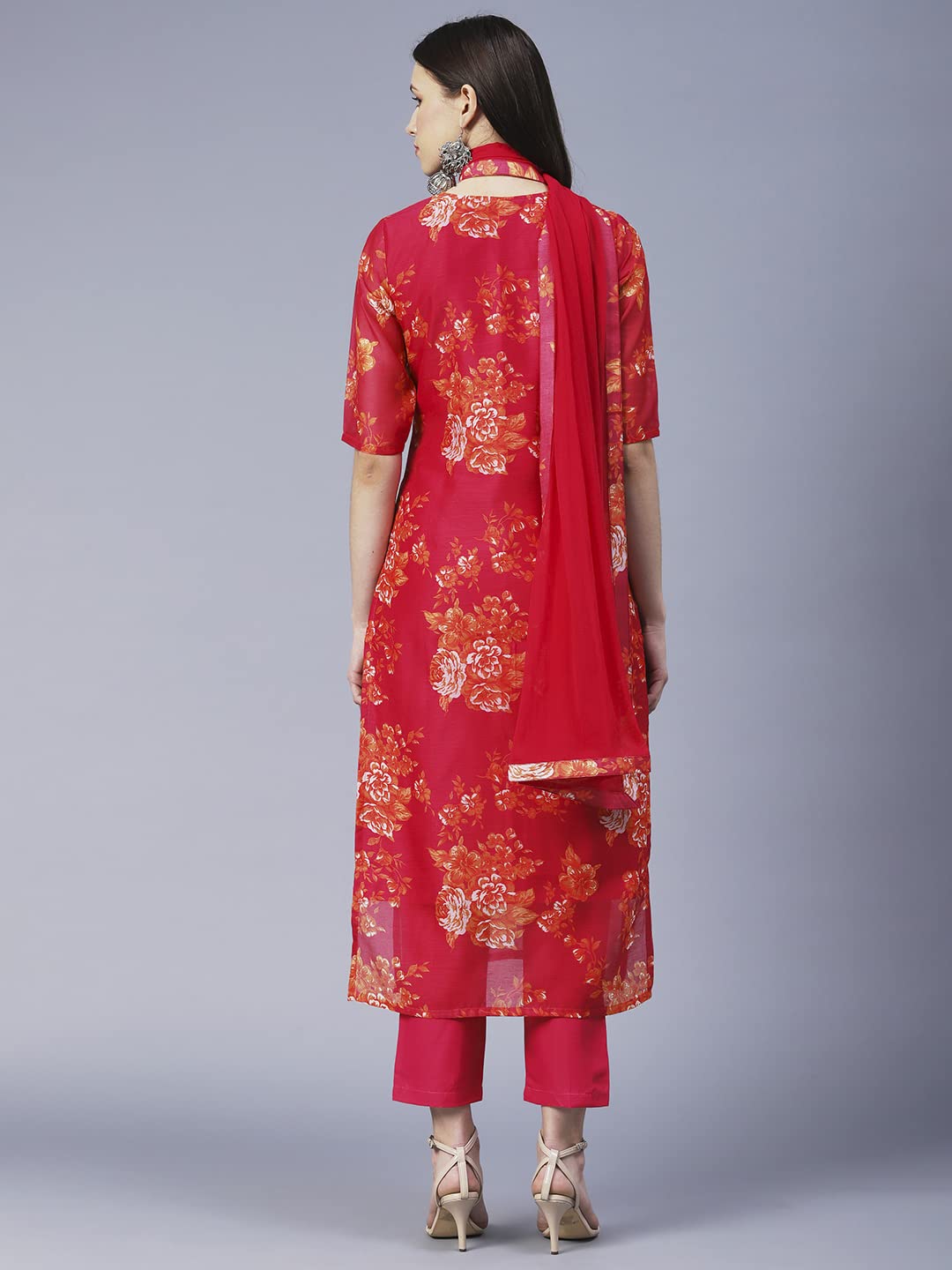 GoSriKi Womens Chanderi Cotton Printed Straight Kurta with Pant & Dupatta