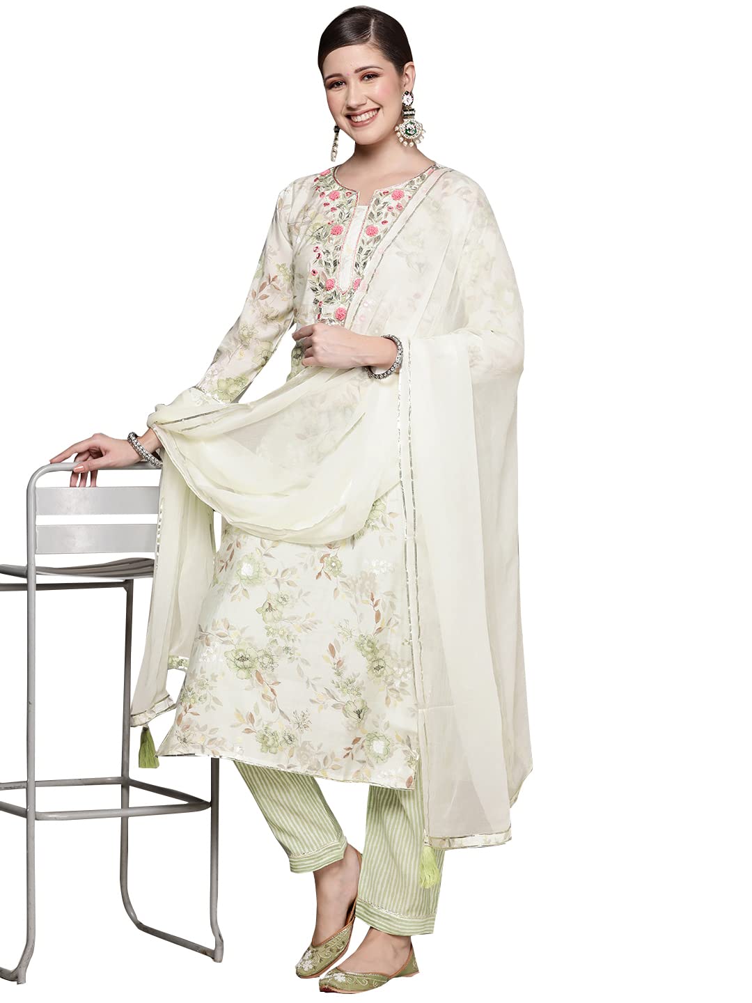 Ishin Women'S Silk Blend A-Line Embroidered Gotta Patti Floral Print Off White Kurta Suit Set With Trouser Inwsd027_Ow_S_Off Whi