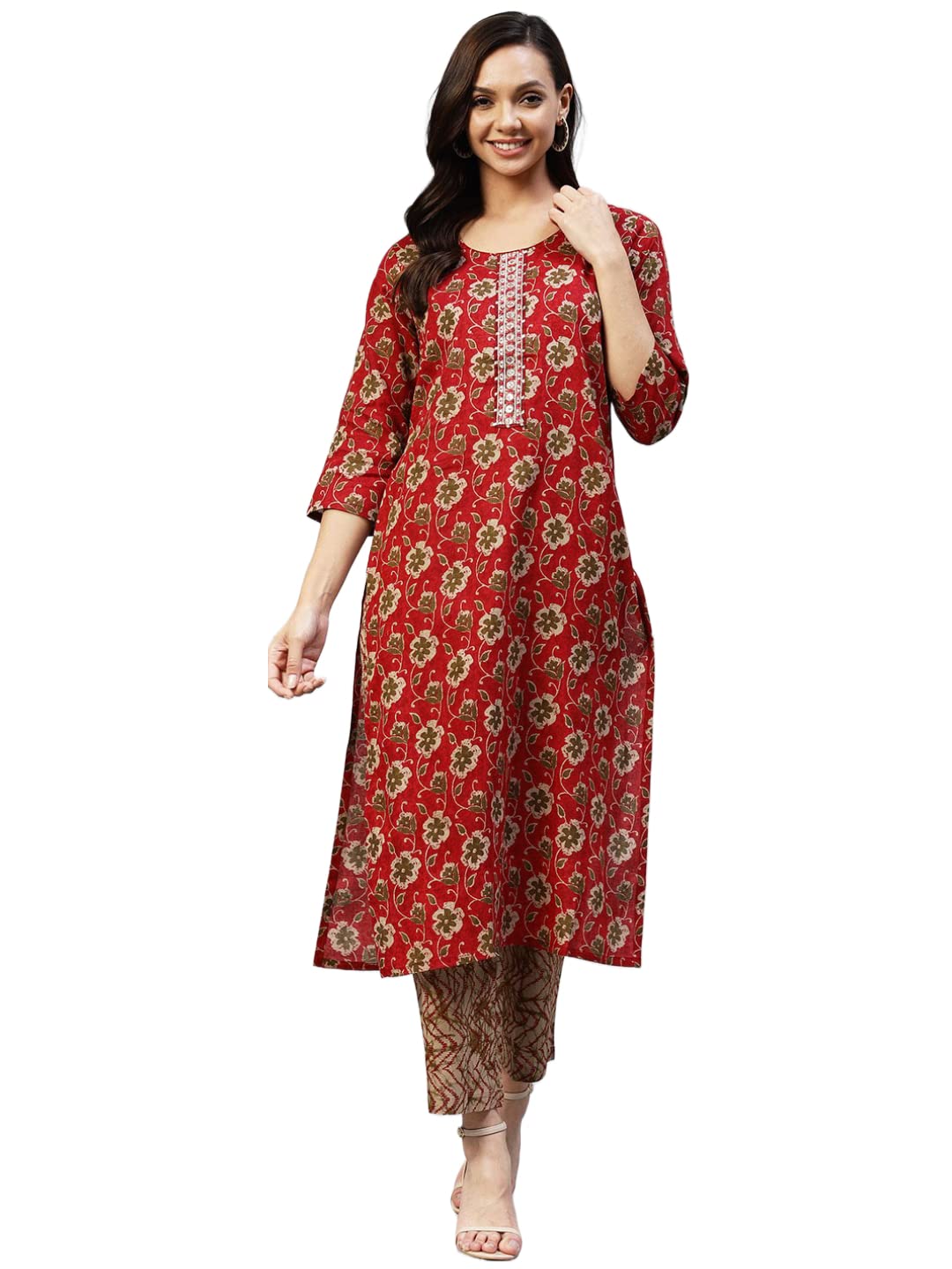 ANNI DESIGNER Women's Cotton Blend Printed Straight Kurta with Pant (Duran Red-NwFB01_M_Red_Medium)