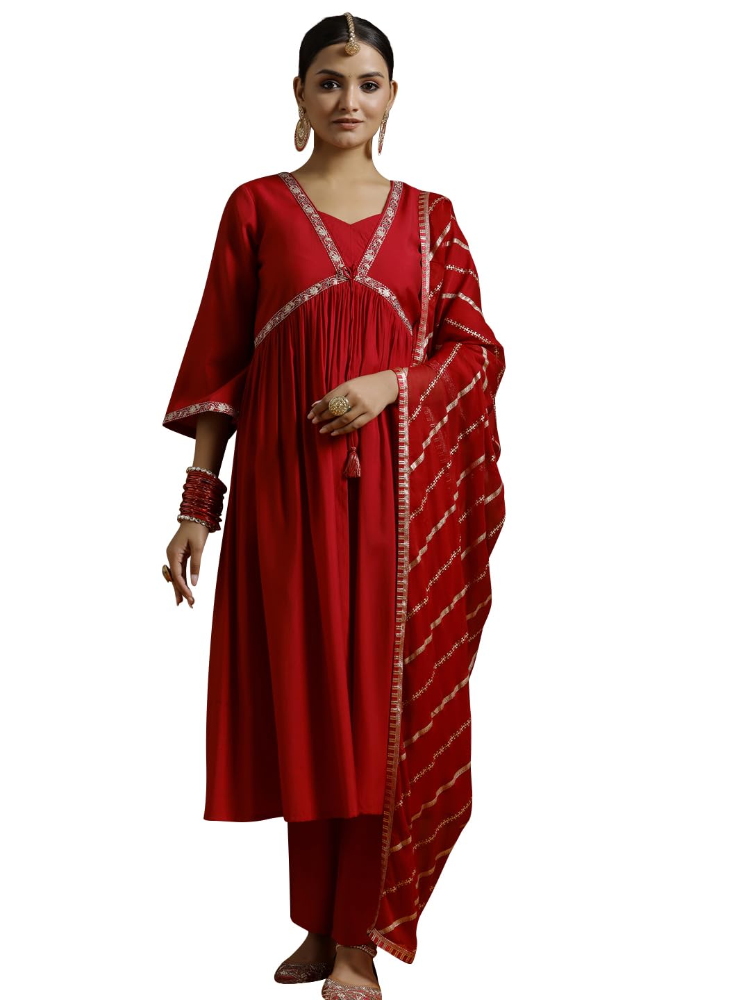 Gerua By Libas Womens Solid Silk Blend A-Line Kurta With Trousers And Dupatta