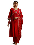 Libas Gerua Womens Solid Silk Blend A-Line Kurta With Trousers And Dupatta