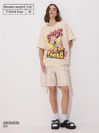 The Souled Store Official Spongebob: SK8R Women and Girls Short Sleeve Round Neck Graphic Printed Cotton Oversized T-Shirts Beig