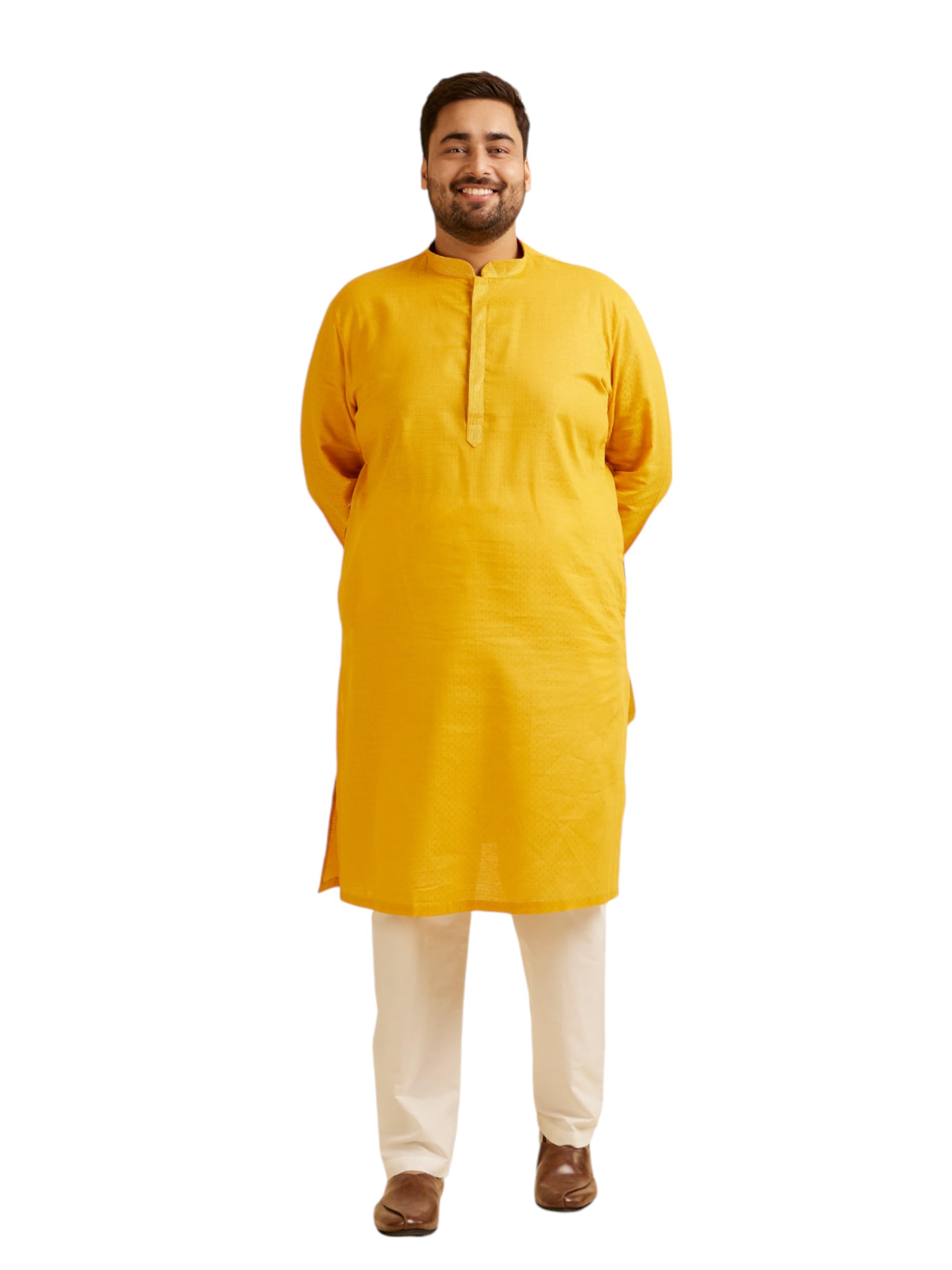 Manyavar Mens Cotton Self-Design Kurta Churidar Set (Mustard,04XL)