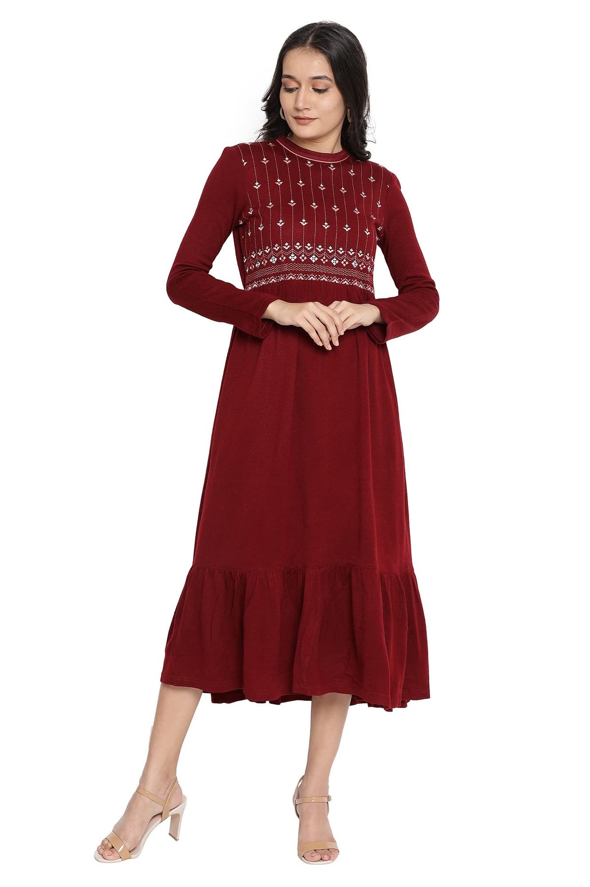 Aurelia WomenS Cotton Blend Maroon Acrylic Winter Dress Above The Knee (21Noa12800-702465 Xl)