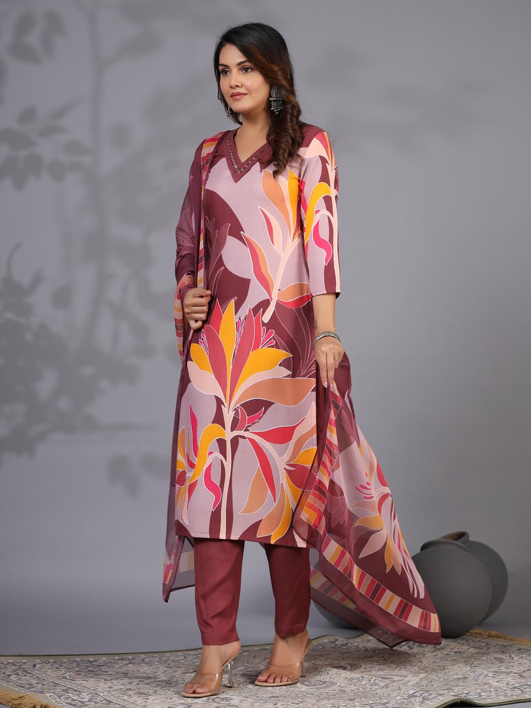 Gosriki Women'S Rayon Blend Printed Straight Kurta With Pant & Dupatta (Khissu Wine-Nw-Gs_Xl_Wine_X-Large)