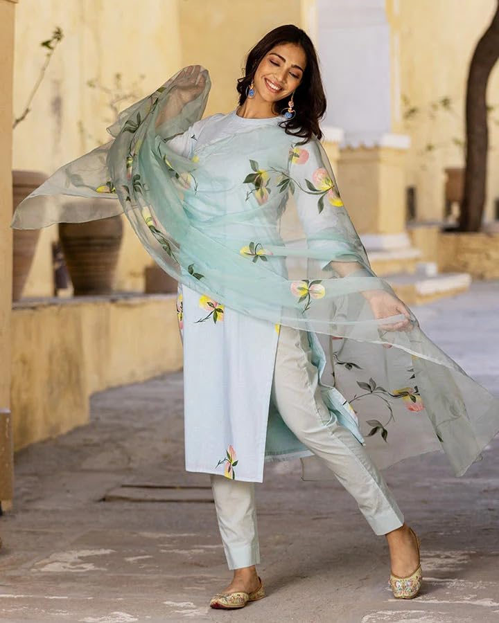 ANNI DESIGNER Womens Cotton Blend Straight Printed Kurta with Pant & Dupatta (Taral Grey-NW_S_Grey_Small)