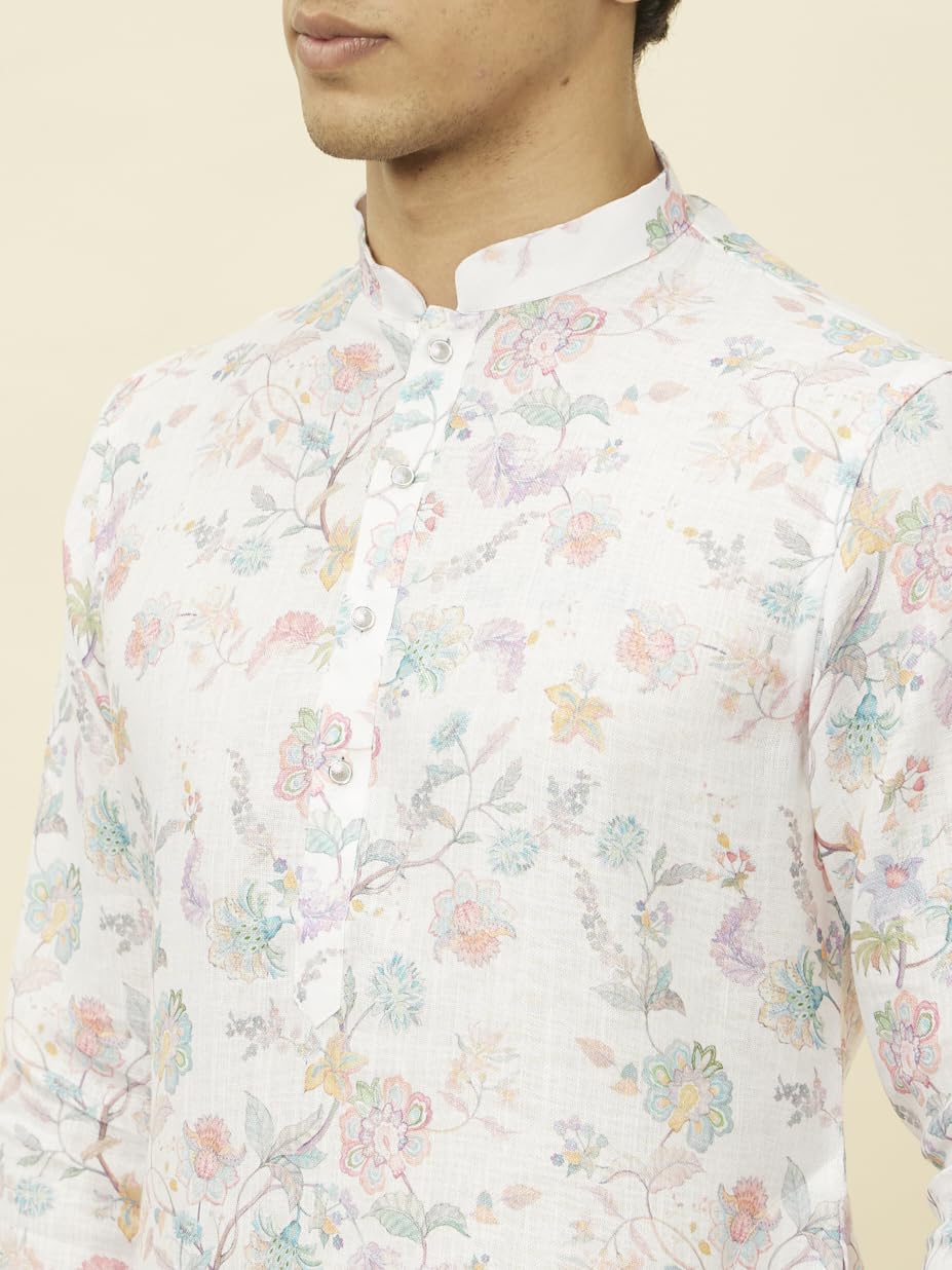 Manyavar Mens Delicate White Bel Buti Printed Kurta