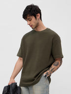 The Souled Store Textured T-Shirt: Olive Men and Boys Short Sleeves Round Neck Solid Cotton Blend Oversized T-Shirts