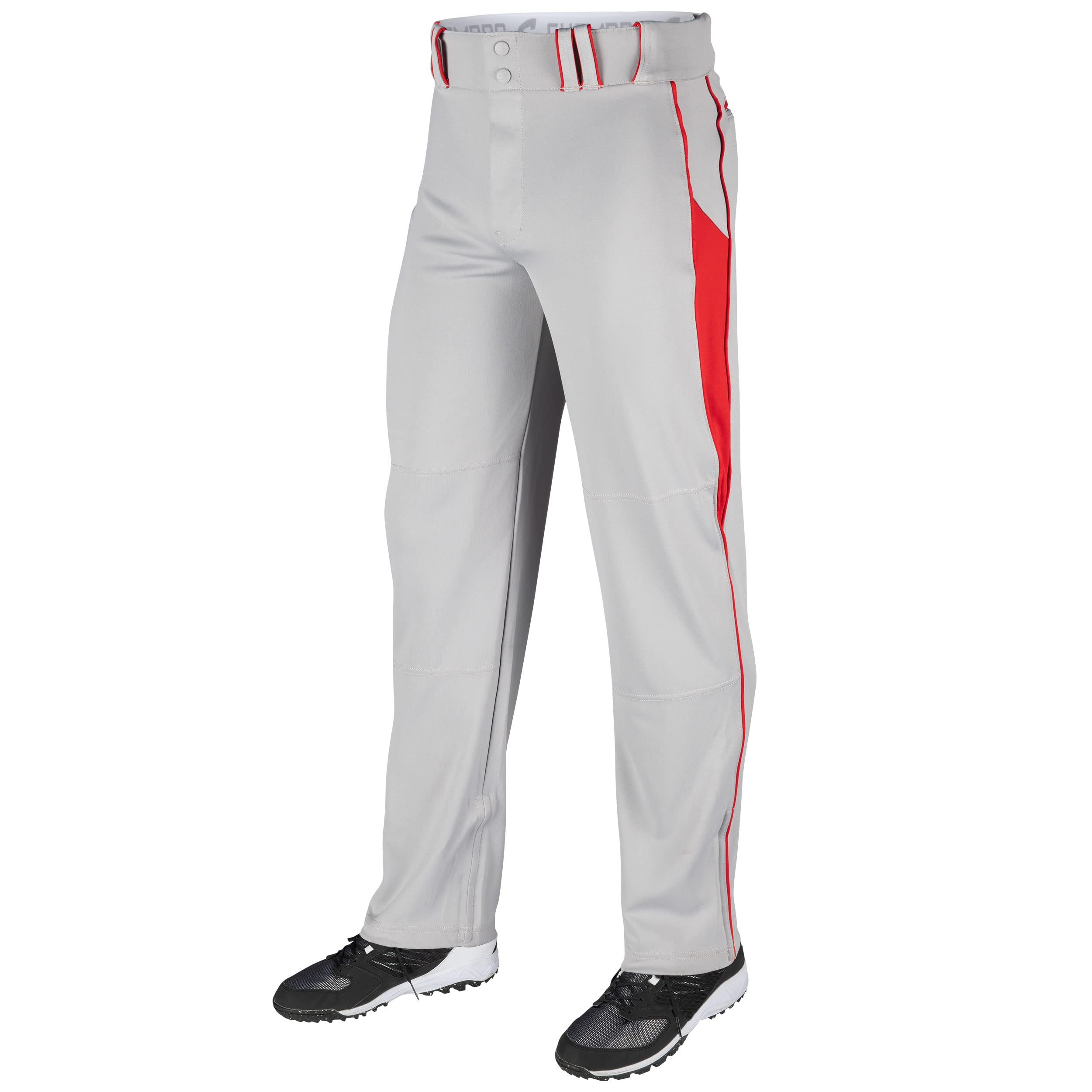 CHAMPRO Triple Crown OB2 Open-Bottom Loose Fit Baseball Pants with Adjustable Inseam and Reinforced Sliding Areas, Grey, Scarlet
