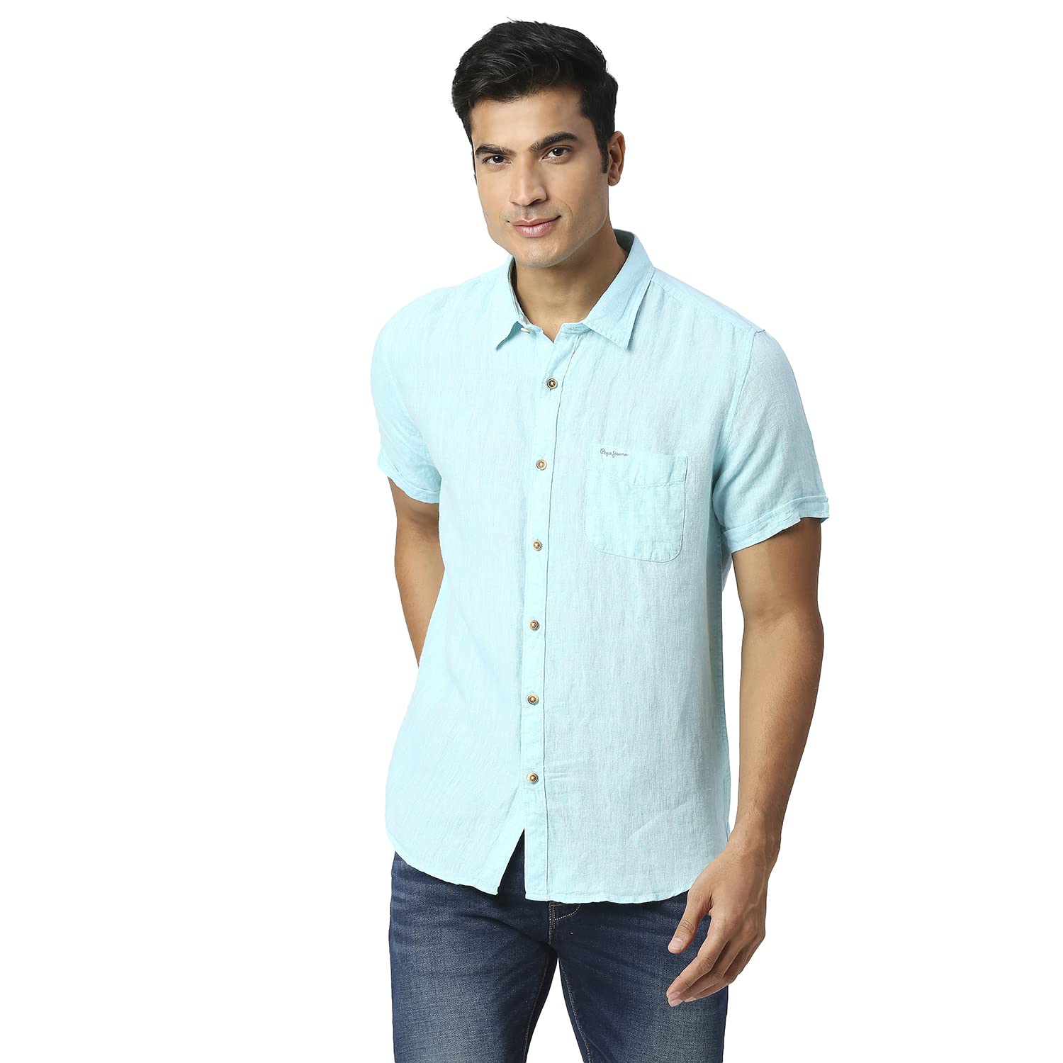 Pepe Jeans Linen MenS Regular Fit Solid Shirts Peach, Small