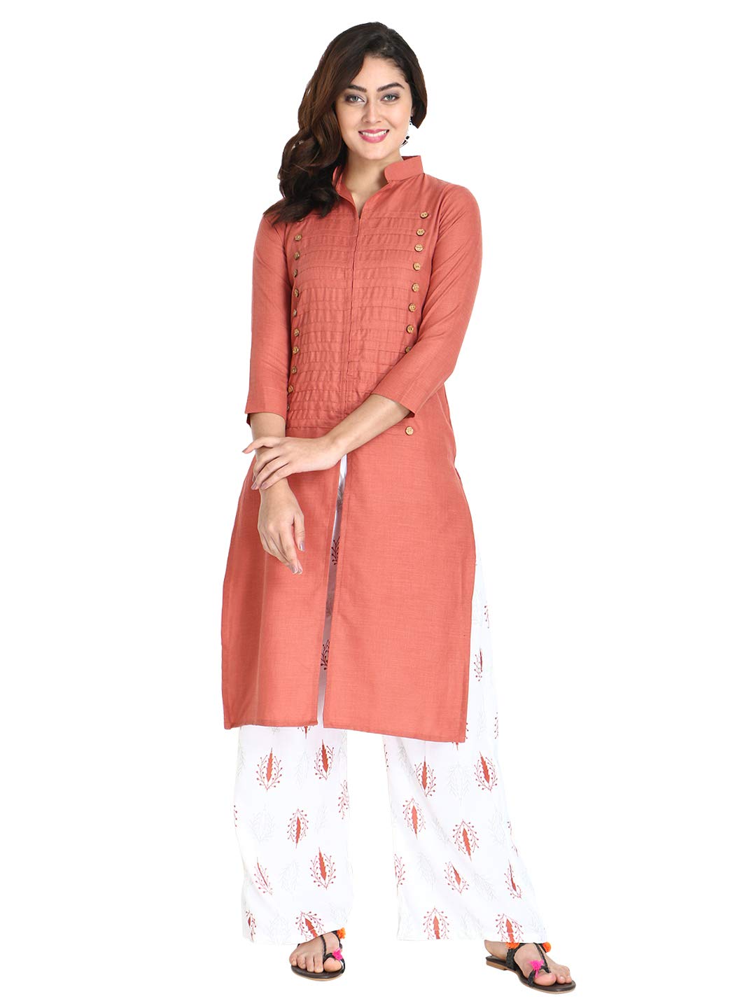 Om Sai Latest Creation Slubrayon Three-Fourth Sleeve A-Line Kurti For Women (Small, Brown)