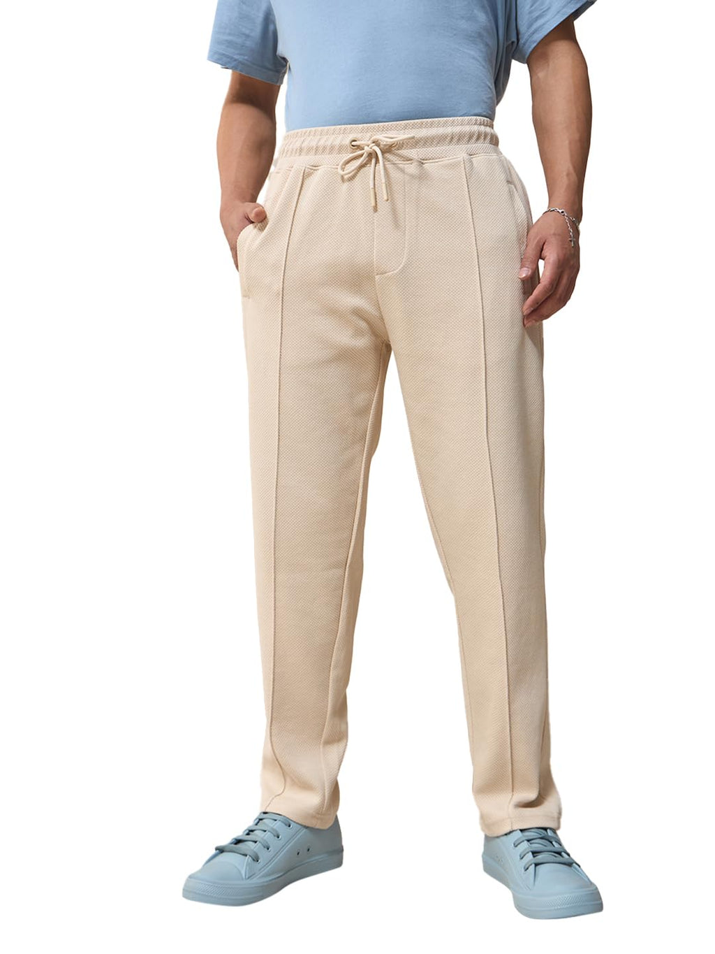 Bewakoof Mens Solid Regular Fit Cotton Blend Mid Rise Track Pant_617408_Beige_M