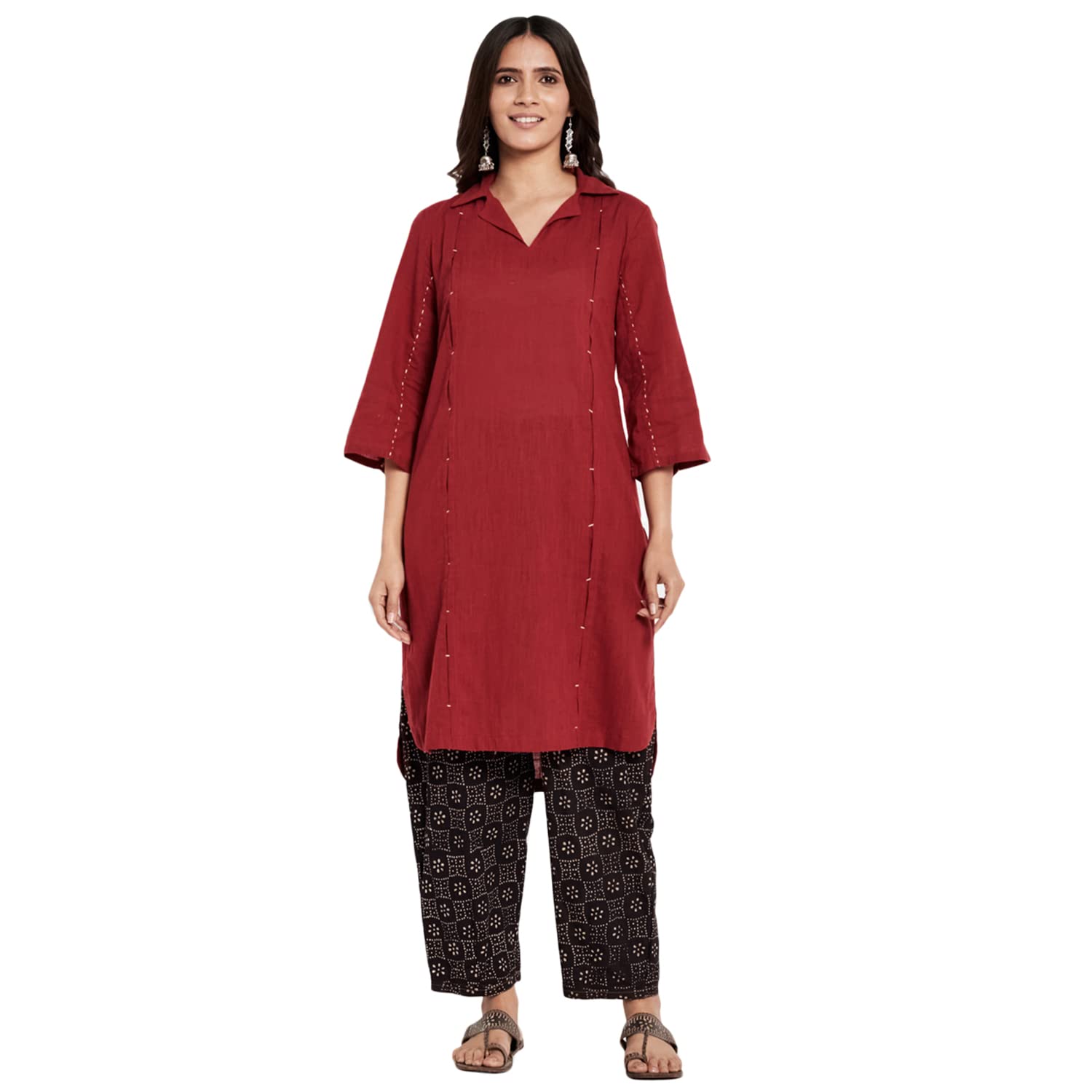 Fabindia Women Printed 2 Piece Kurta Set Cotton_L Maroon