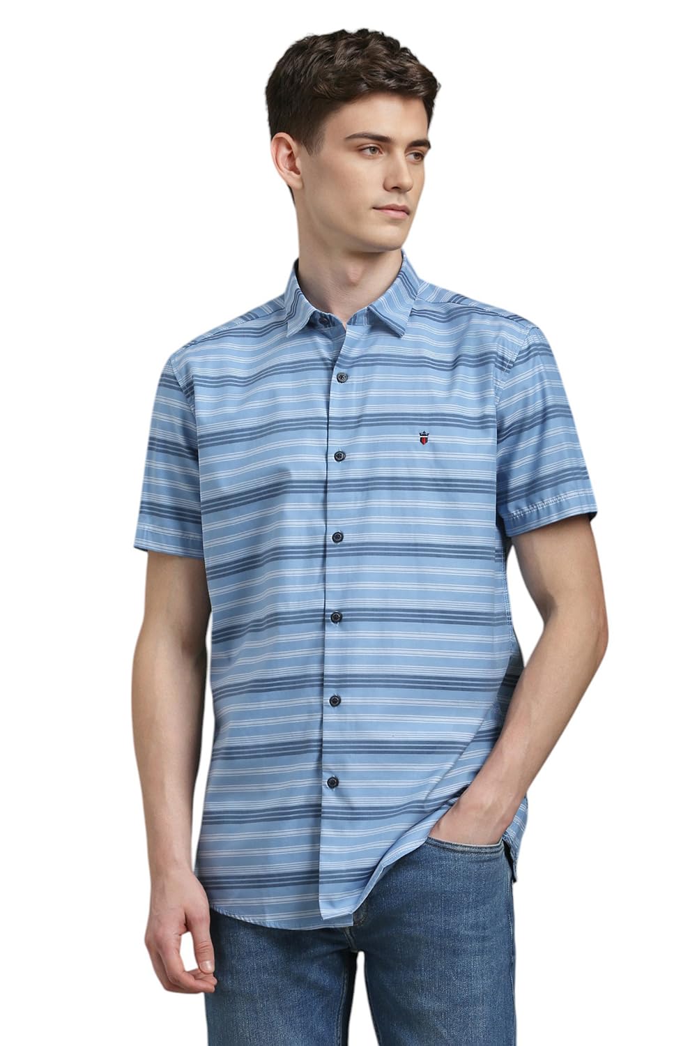 Louis Philippe Men Blue Slim Fit Stripe Half Sleeves Casual Shirt