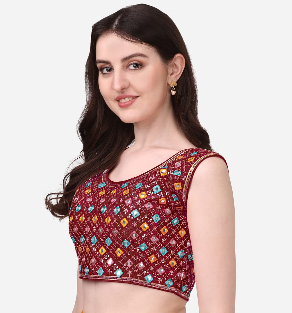 Pujia Mills WomenS Silk Embroidery Foil Work Sleeveless Readymade Saree Blouse