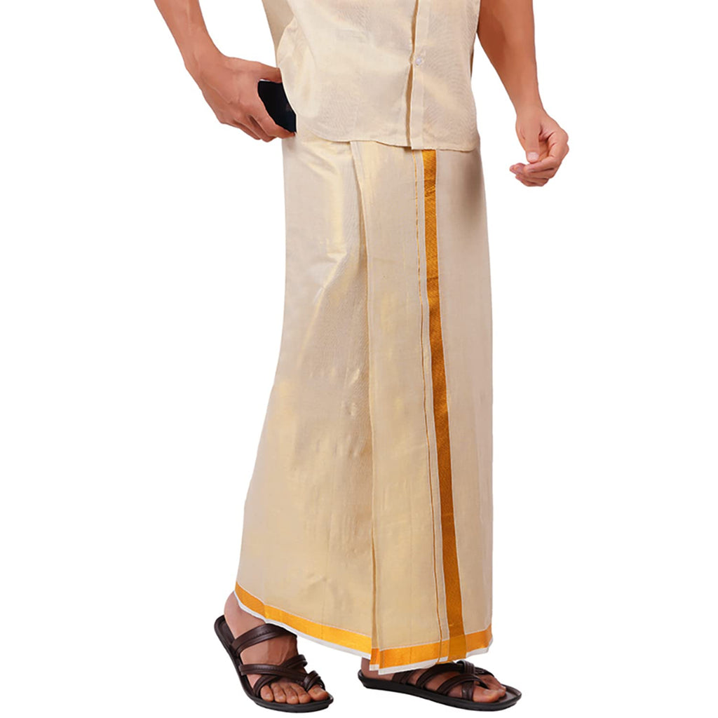 Prakasam Cotton Tissue Gold Readymade Welcro Pocket Jari (50K) Solid Men Dhoti/Tissue 4 Mulam (Single) Readymade Pocket Dhoti