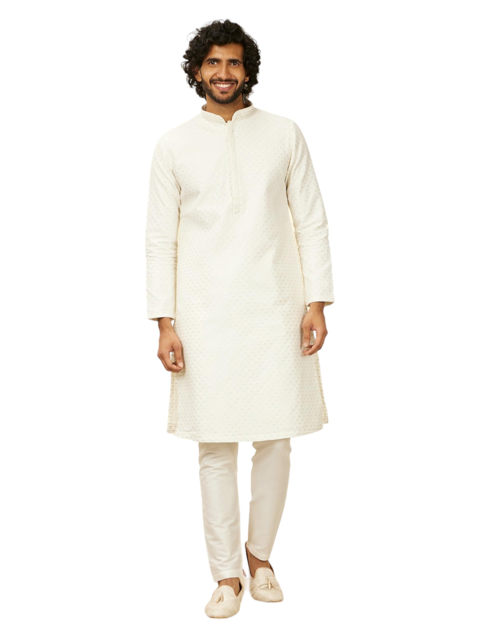 Manyavar Warm White Blended Cotton Embroidery|Zari Weave Kurta Pyjama Set for Men