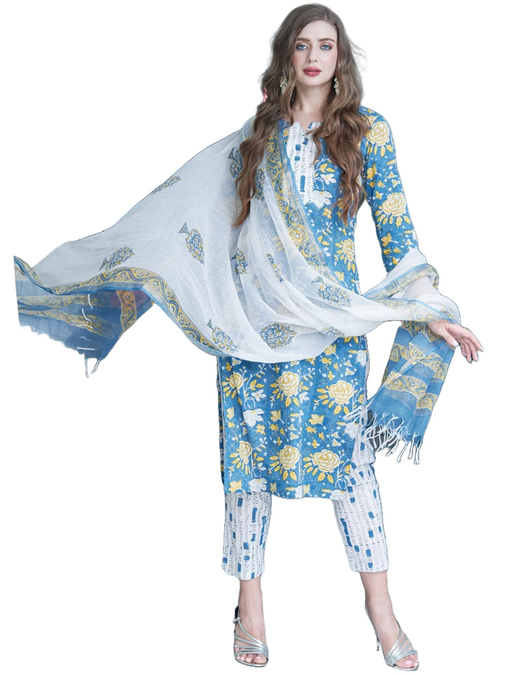 Gosriki Women'S Cotton Blend Straight Printed Kurta With Pant & Dupatta (Rahi Blue-Gs_L_Blue_Large)