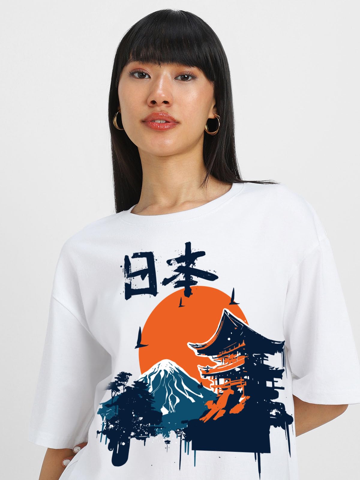 Juneberry Pure Cotton Drop Shoulder Oversized Baggy Fit Cool Nature Front Graphic Printed Beige Half Sleeve T-Shirt For Women &
