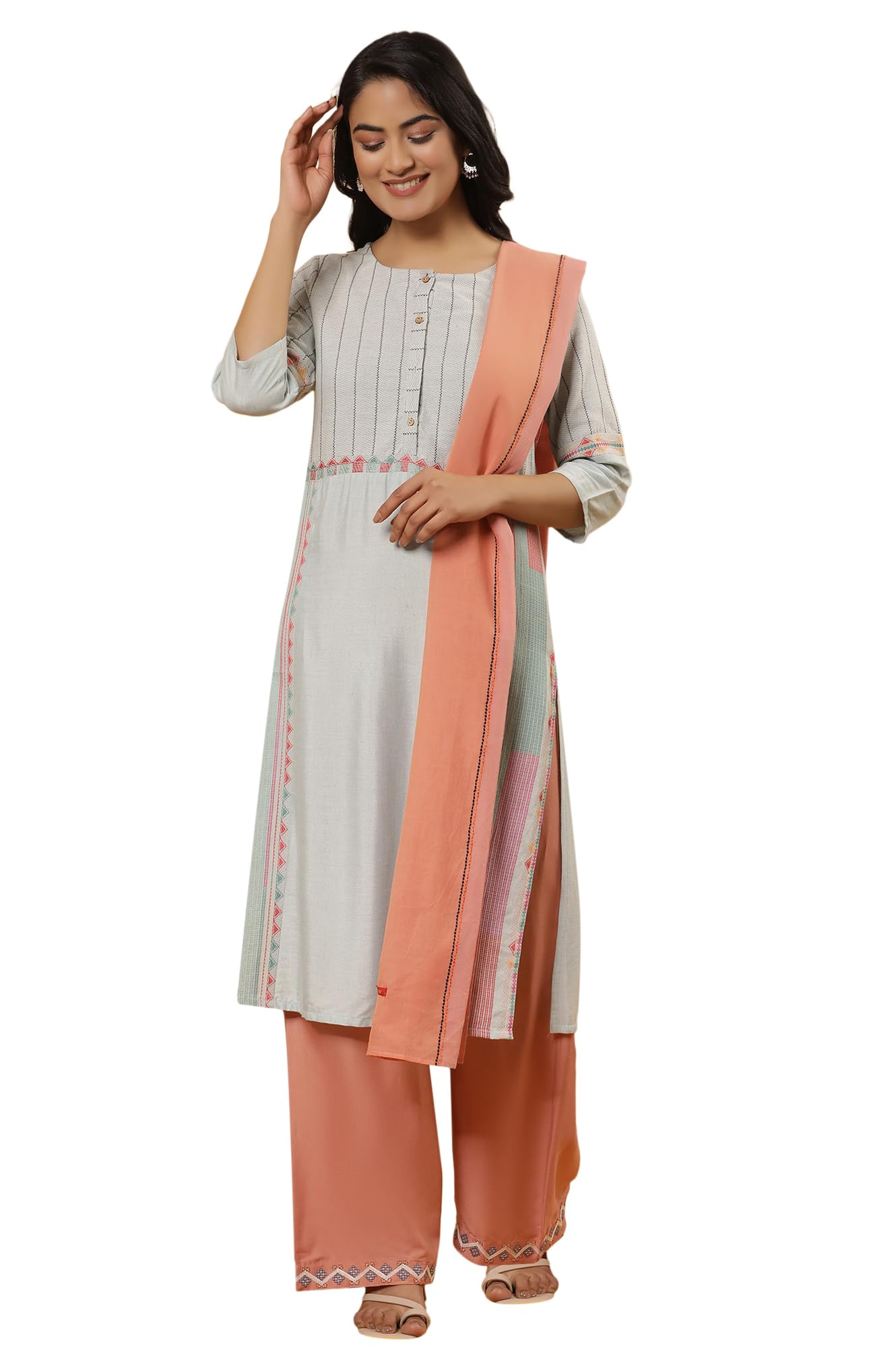 W For Woman W Women Blue Geometric Print Cotton Kurta Set With Parallel Pant & Dupatta_24Onws17455-312196_Xl