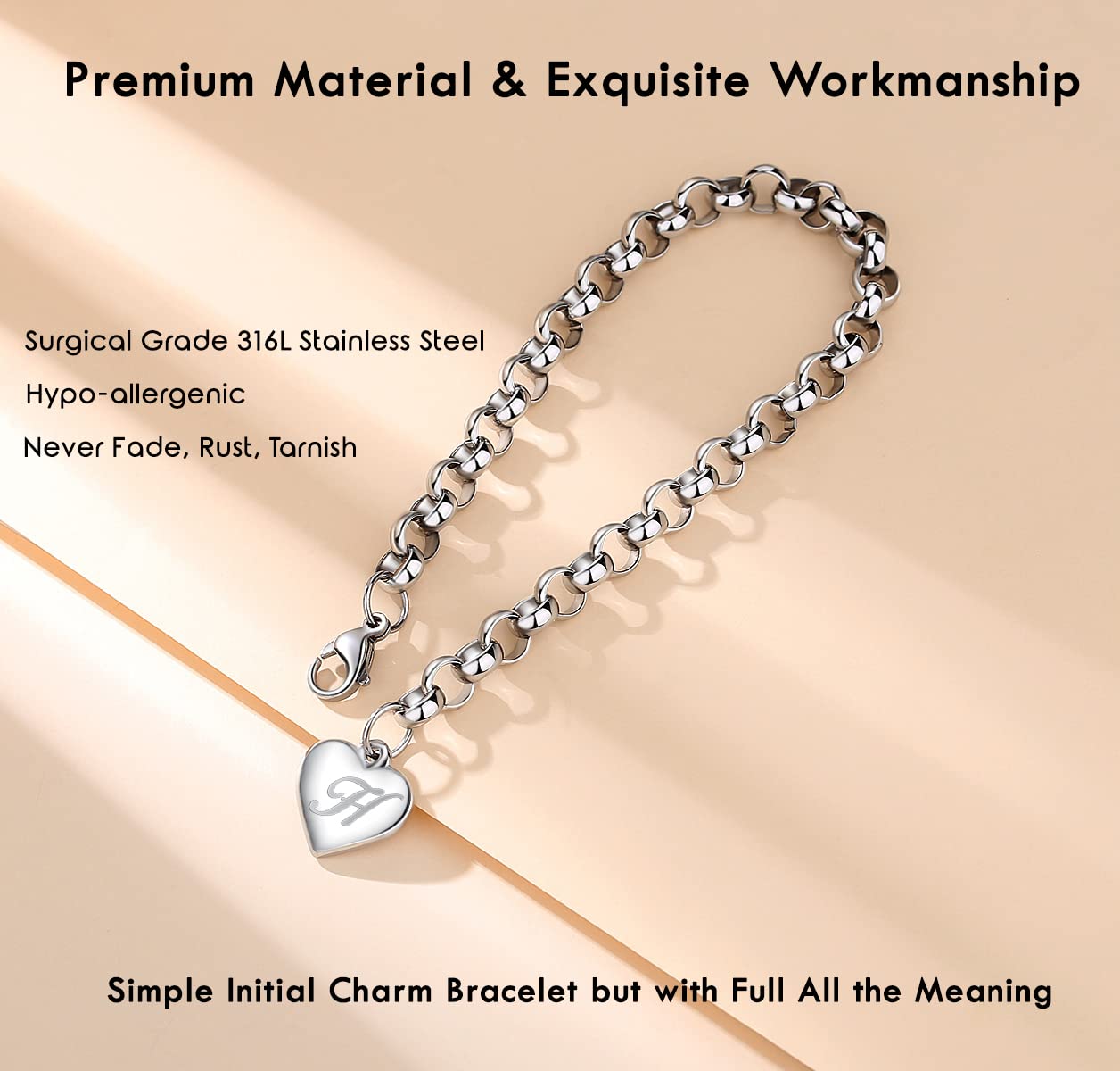 TONY & SANDY Charm Bracelets for Girls Jewelry Initial Heart Bracelets Teen Girls Gifts Idea Stainless Steel Personalized Christ