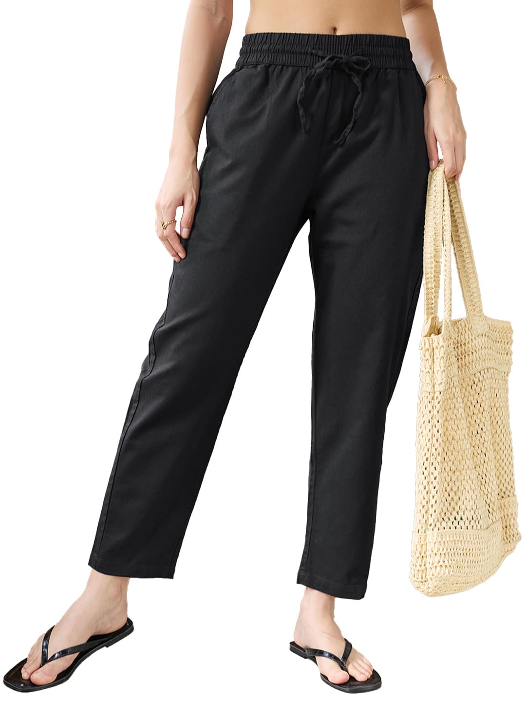 Bewakoof Womens Solid Regular Fit 87% Cotton;13% Linen Casual Pants_628262_Black_26