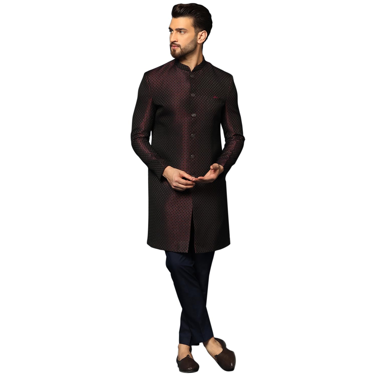 Kisah MenS Maroon And Navy Blue Indo-Western Sherwani Trousers Set, Cotton Full Sleaves, Knee Length, Straight, Regular Fit, Ma