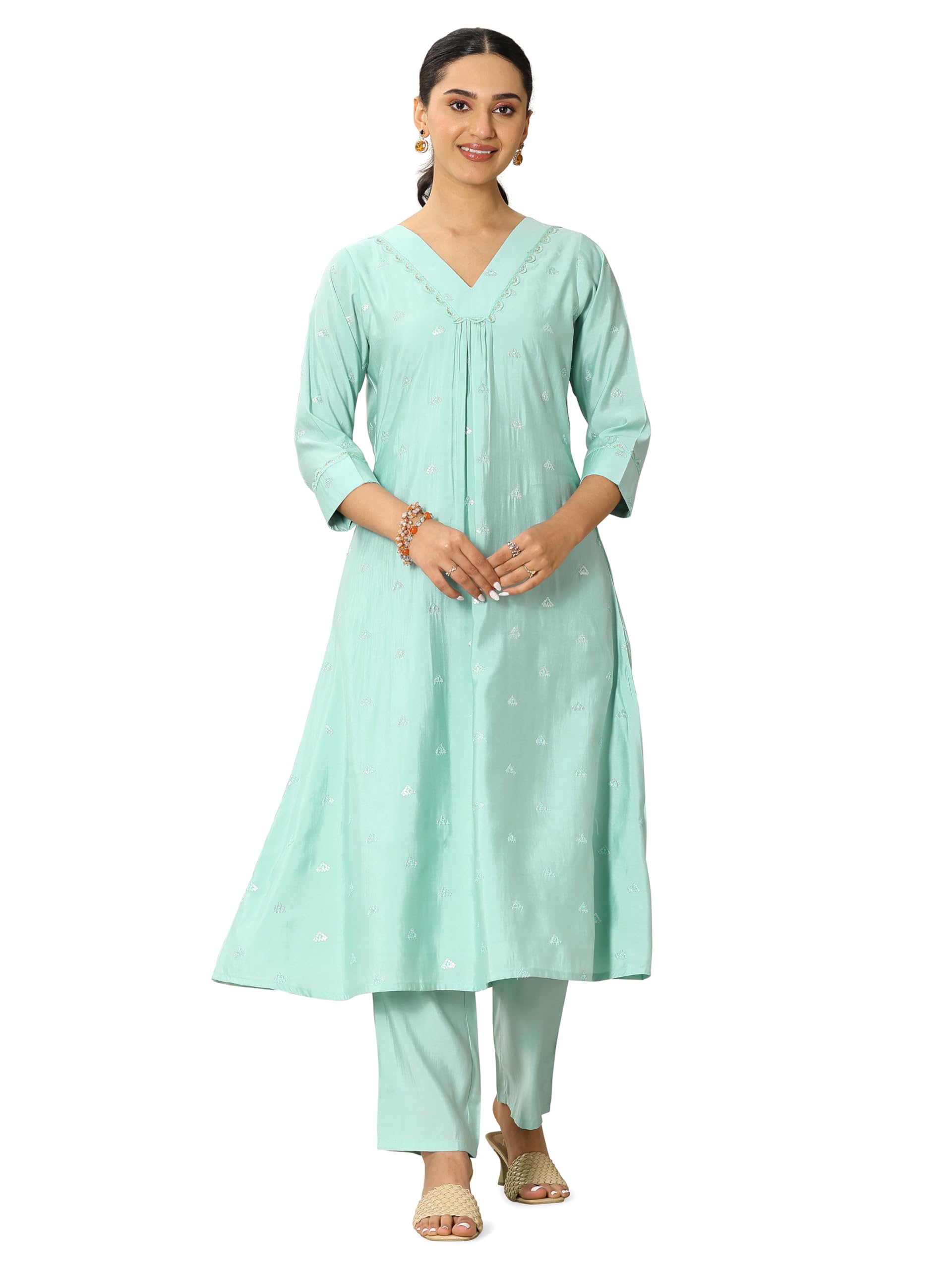 Libas Womens Embroidered Silk Blend A-Line Kurta With Trousers