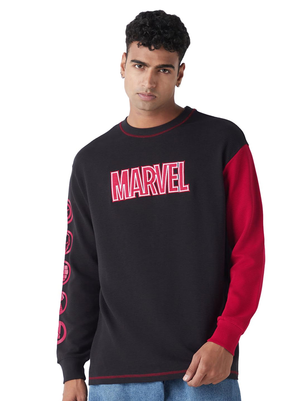 Bewakoof Heavy Duty 1.0 Official Marvel Merchandise Mens Textured Oversized Fit Full Sleeve Round Neck Blended T-Shirt_648679_B