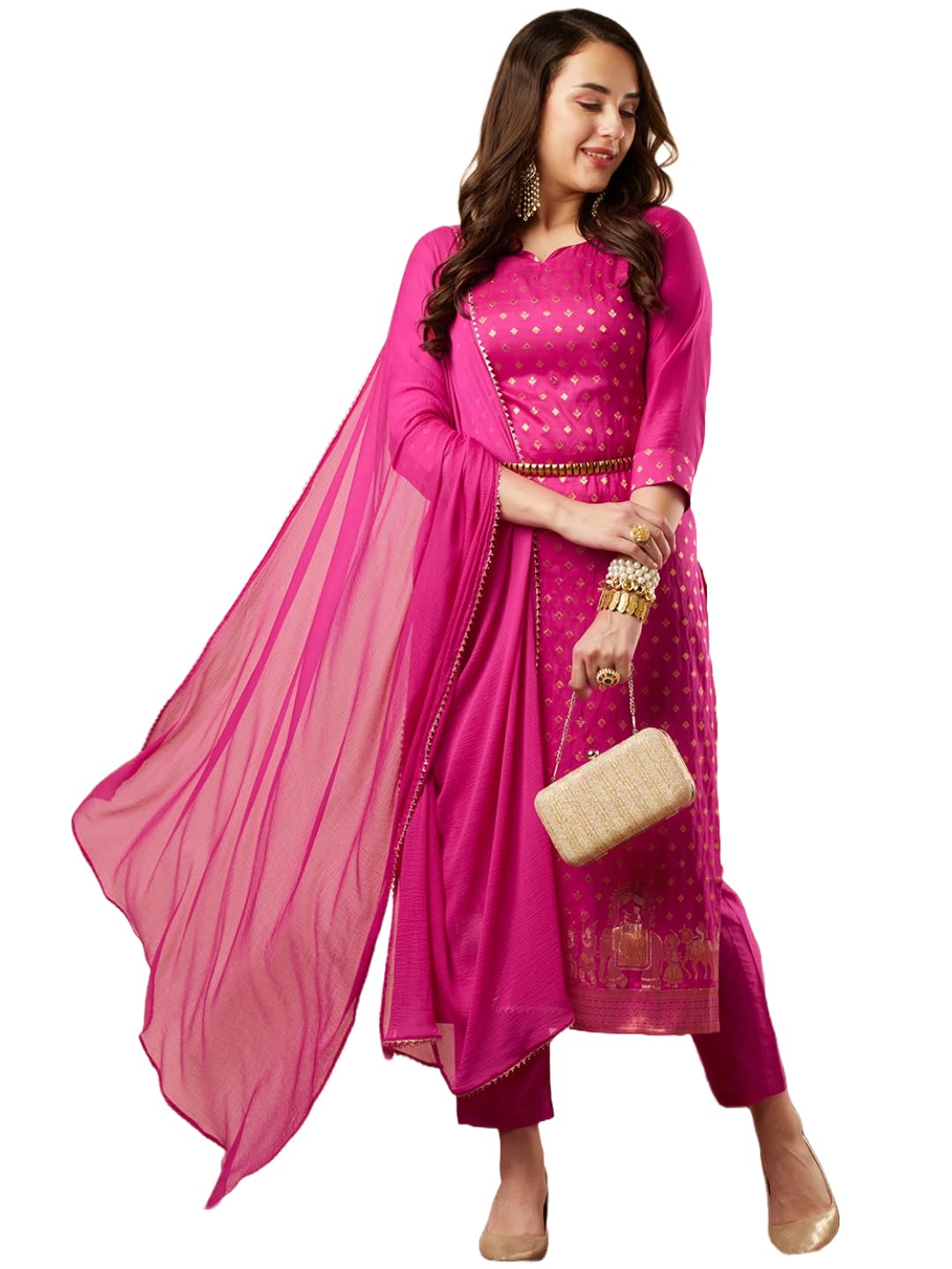 ANNI DESIGNER Women's Cotton Blend Printed Straight Kurta with Pant & Dupatta (Zaklina Rani_M_Pink_Medium)